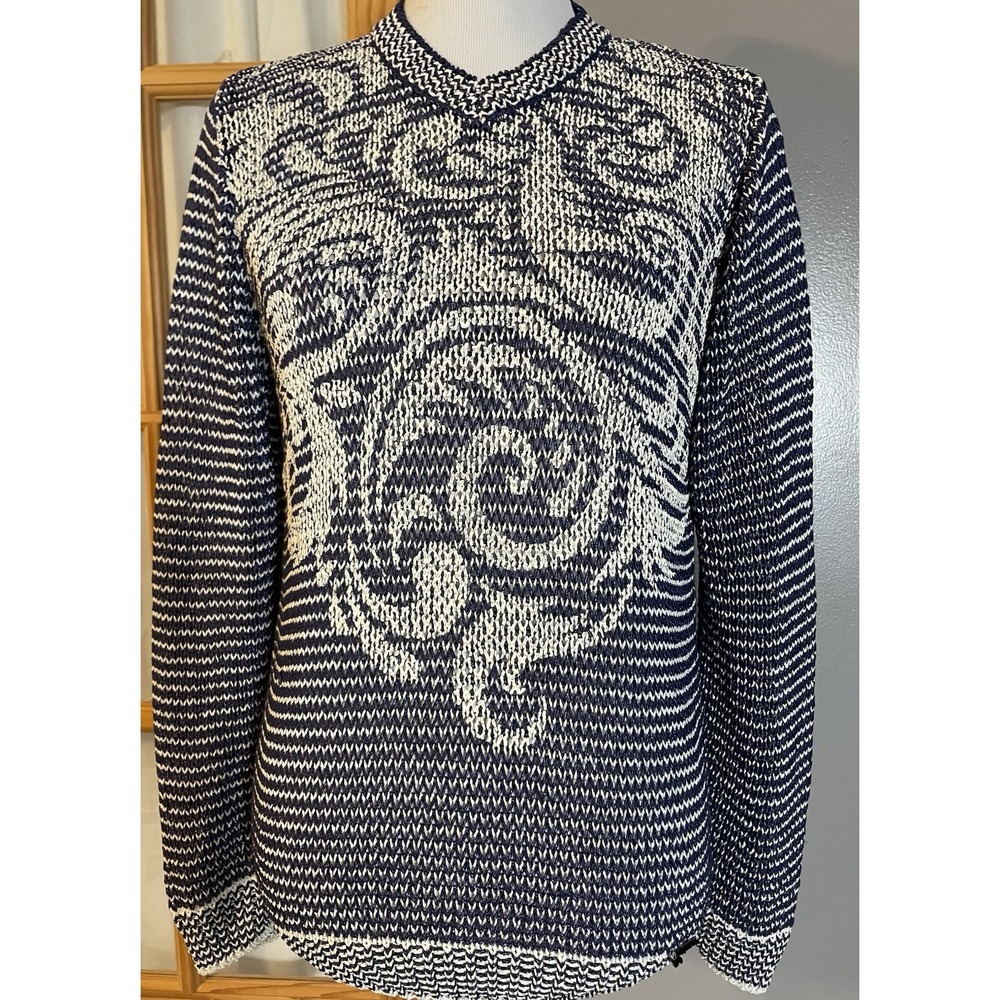 Y2K 90s Serianno Seir Cable Knit Sweater Womens Sz L Baroque Blue White Pullover